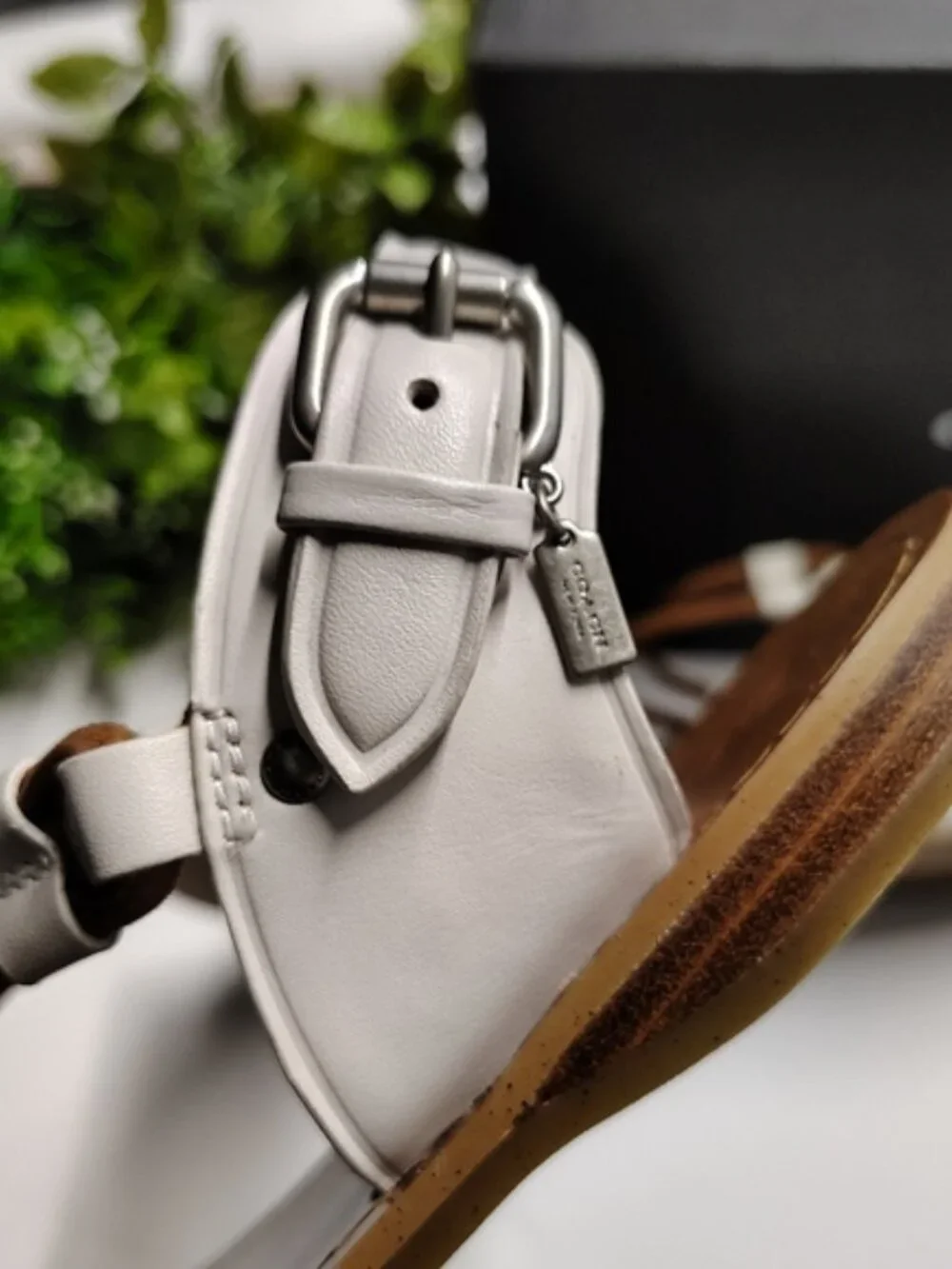 Coach Clarkson Thong Sandals Chalk Saddle Leather Ankle Strap Size 5M NWT